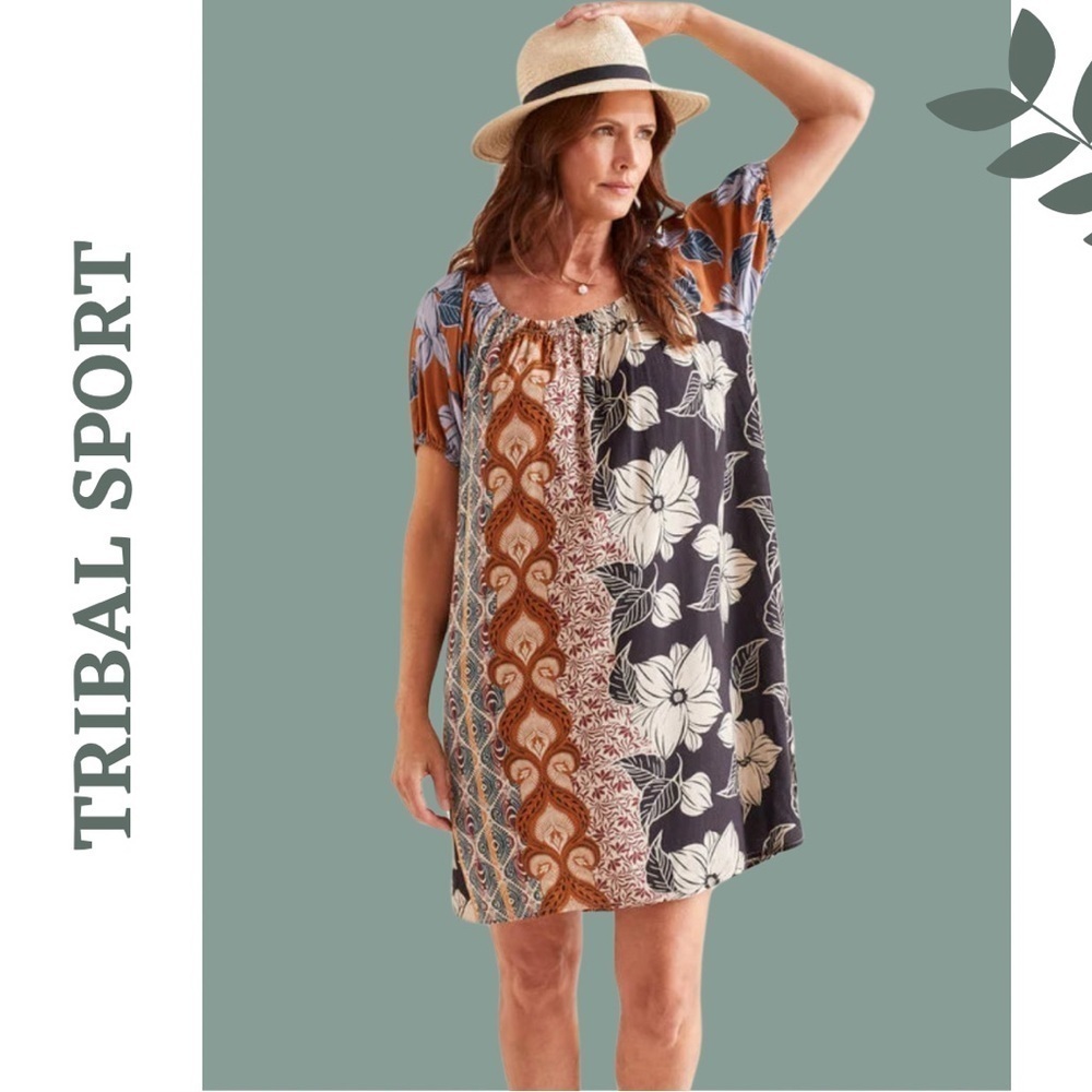 Tribal Dress Bubble Sleeves Flowy Fit Tropic Print Cover-Up Pop Over Crew
Neck